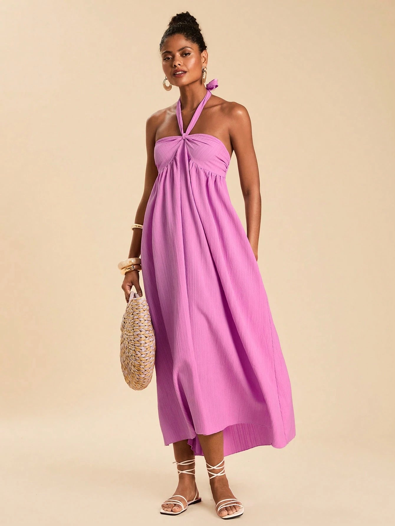 Travachic Women's Sexy Tropical Textured Wave Shirred Halter Backless Dress, Suitable For Spring/Summer Vacation Beach Vacation Light Purple