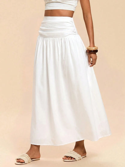 Travachic Women's Solid Color Waist Pleated Casual Boho Skirt Beach Vacation White Summer