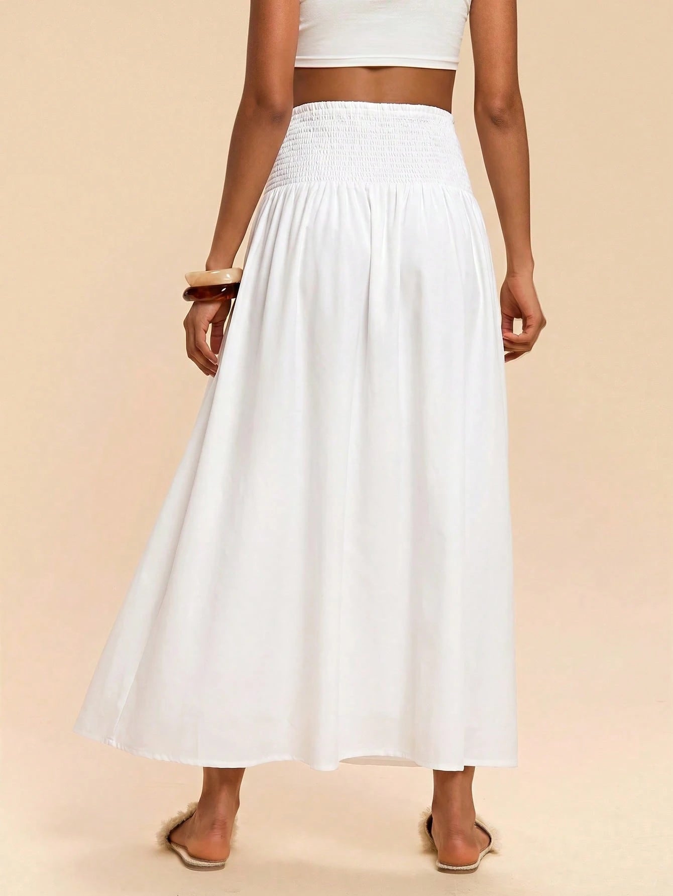 Travachic Women's Solid Color Waist Pleated Casual Boho Skirt Beach Vacation White Summer