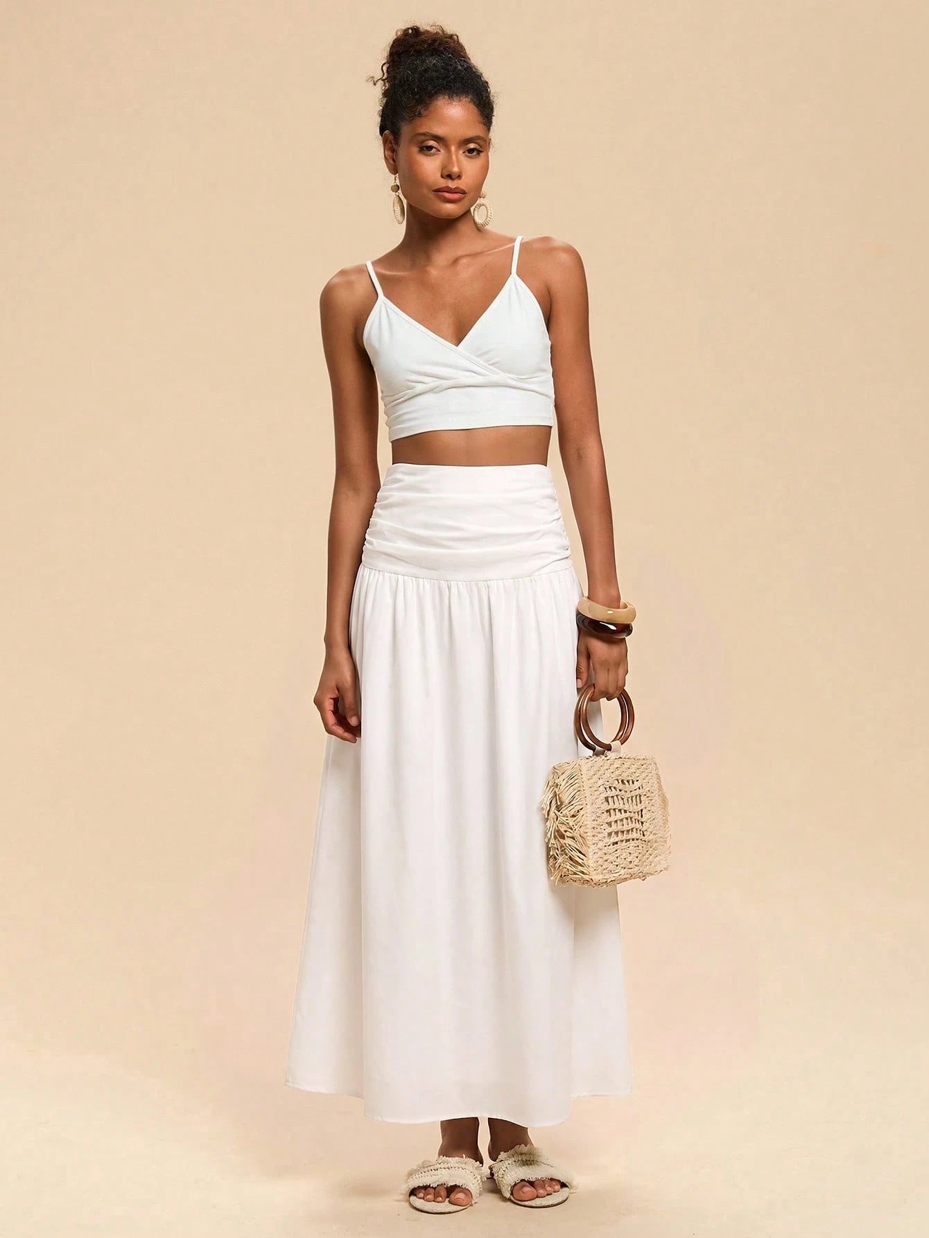 Travachic Women's Solid Color Waist Pleated Casual Boho Skirt Beach Vacation White Summer