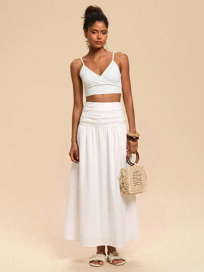 Travachic Women's Solid Color Waist Pleated Casual Boho Skirt Beach Vacation White Summer