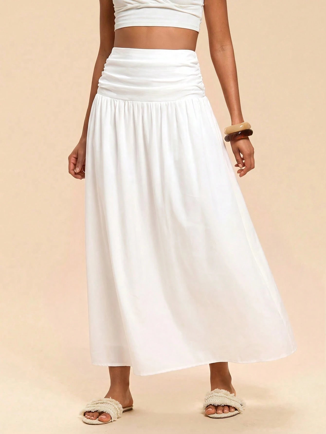 Travachic Women's Solid Color Waist Pleated Casual Boho Skirt Beach Vacation White Summer