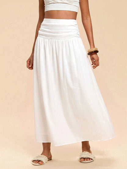 Travachic Women's Solid Color Waist Pleated Casual Boho Skirt Beach Vacation White Summer