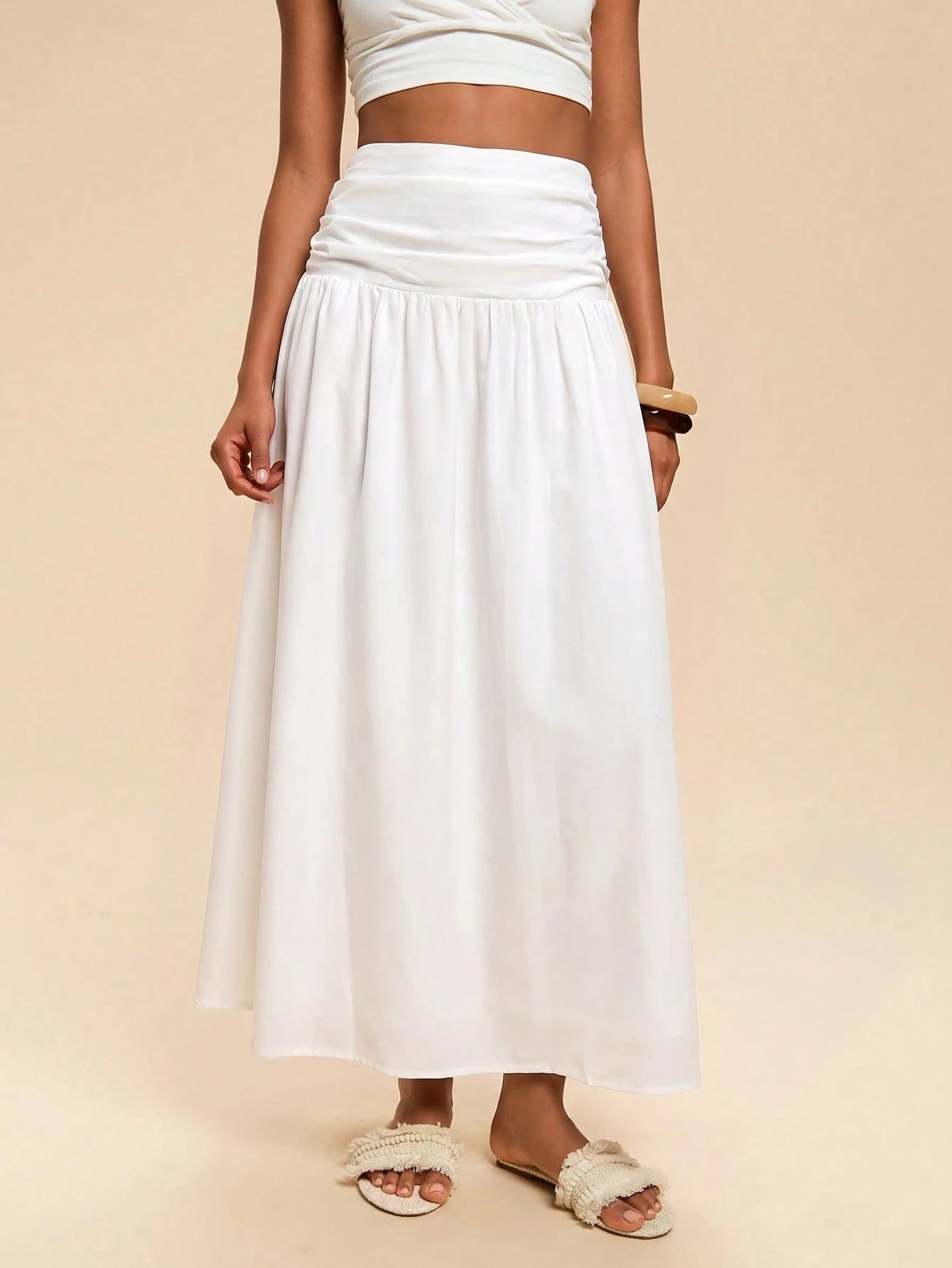 Travachic Women's Solid Color Waist Pleated Casual Boho Skirt Beach Vacation White Summer