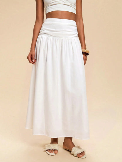 Travachic Women's Solid Color Waist Pleated Casual Boho Skirt Beach Vacation White Summer