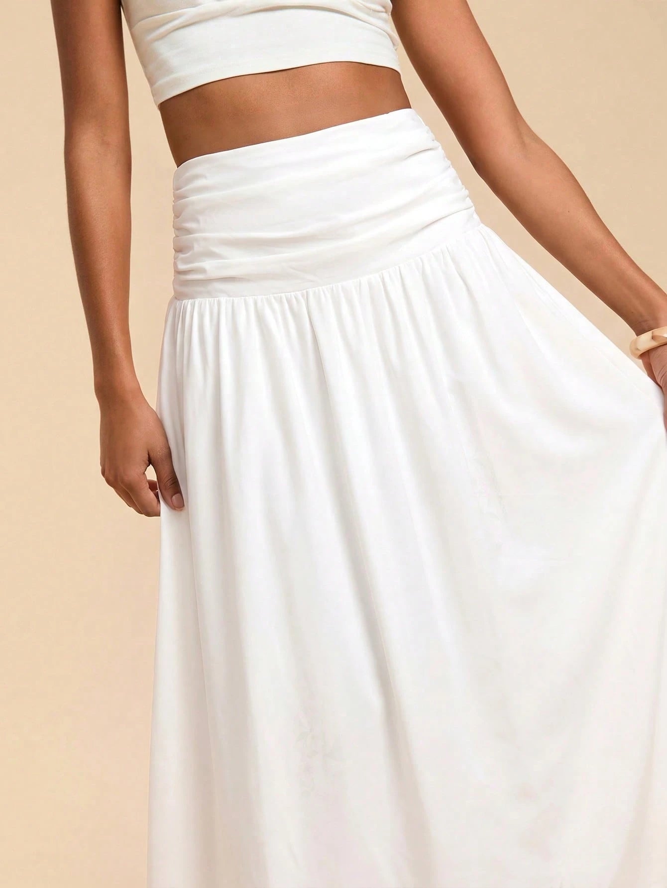 Travachic Women's Solid Color Waist Pleated Casual Boho Skirt Beach Vacation White Summer