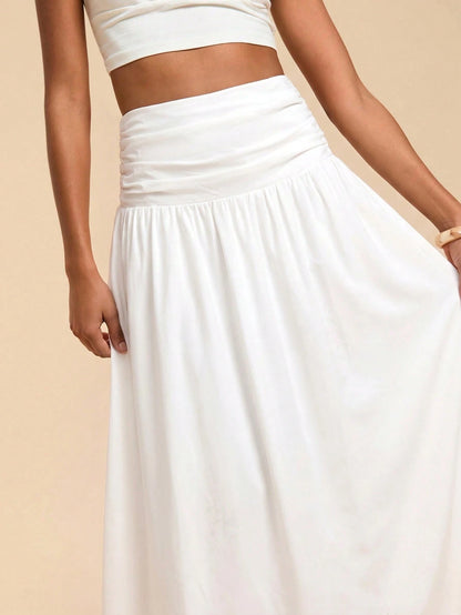 Travachic Women's Solid Color Waist Pleated Casual Boho Skirt Beach Vacation White Summer