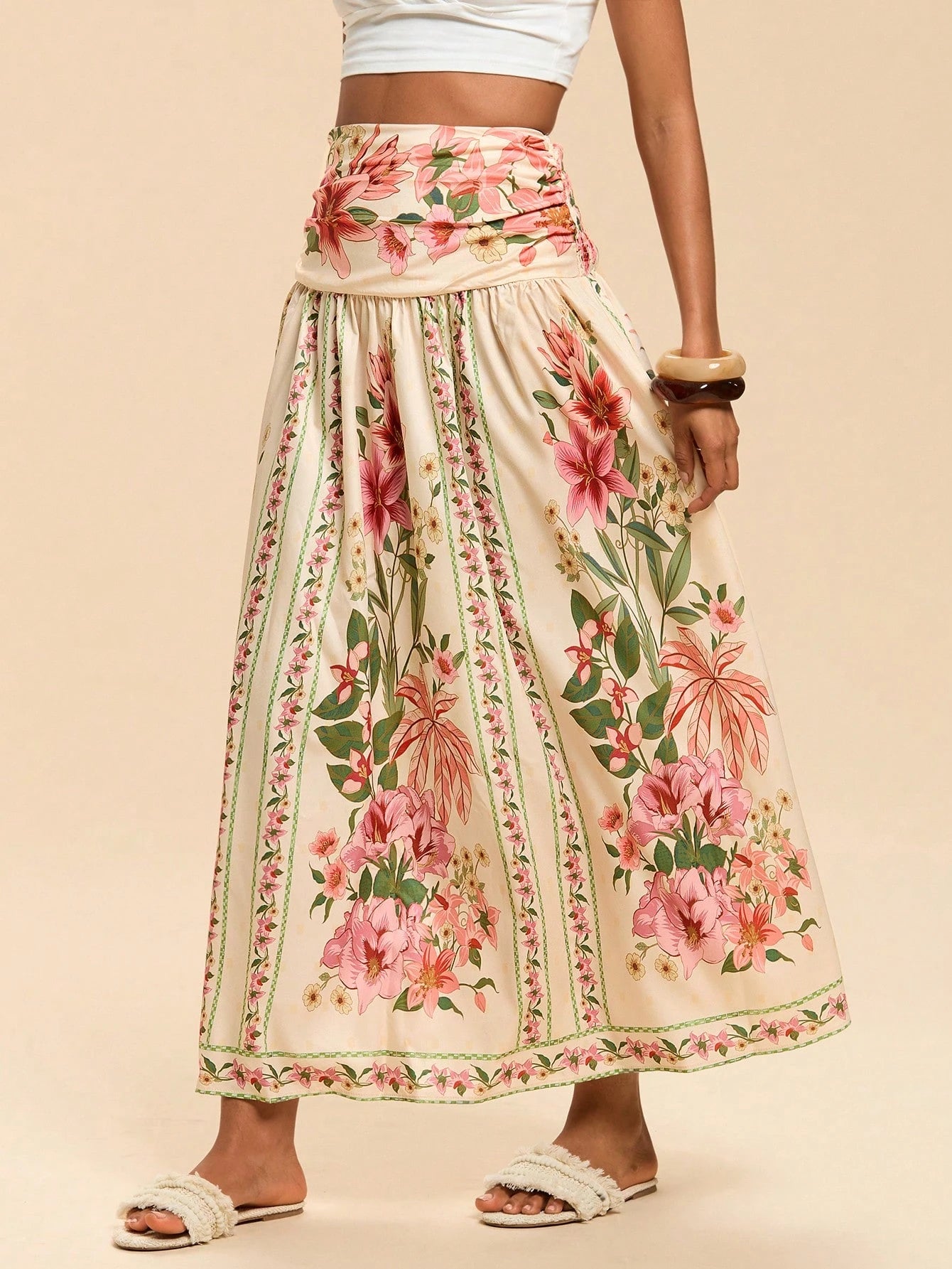 Travachic Women's Solid Color Waist Pleated Casual Boho Skirt Beach Vacation White Summer
