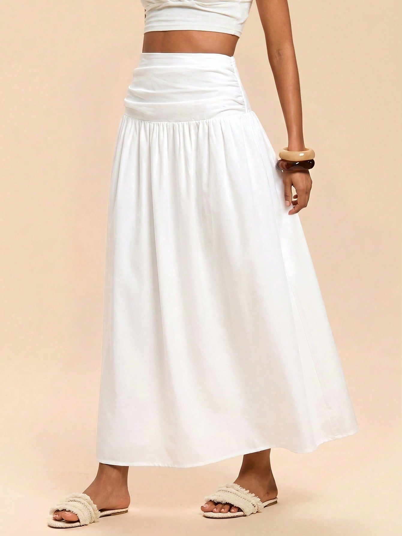 Travachic Women's Solid Color Waist Pleated Casual Boho Skirt Beach Vacation White Summer