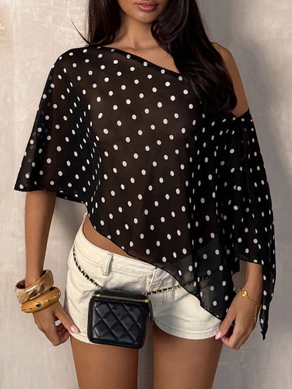 TRNVIE Black Polka Dot Asymmetric Shoulder Mesh Blouse For Women, Spring/Summer Polkadot Top Women Summer Blouse Top Short Sleeve Top Chic Top Summer Tops
