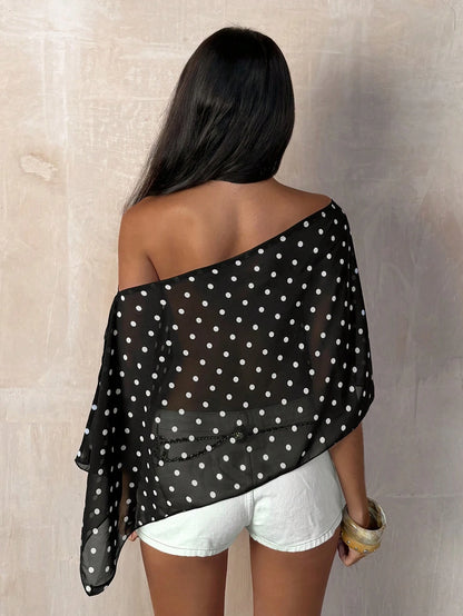 TRNVIE Black Polka Dot Asymmetric Shoulder Mesh Blouse For Women, Spring/Summer Polkadot Top Women Summer Blouse Top Short Sleeve Top Chic Top Summer Tops