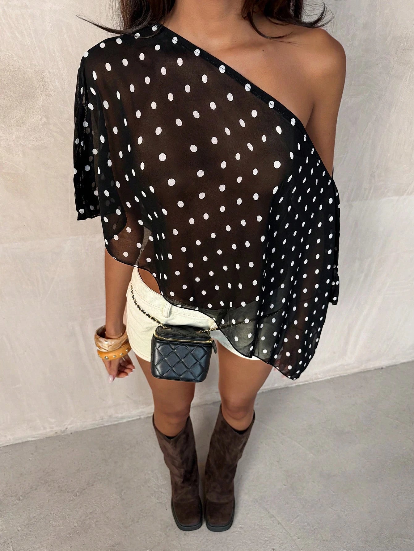 TRNVIE Black Polka Dot Asymmetric Shoulder Mesh Blouse For Women, Spring/Summer Polkadot Top Women Summer Blouse Top Short Sleeve Top Chic Top Summer Tops