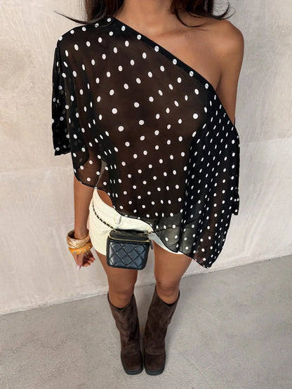 TRNVIE Black Polka Dot Asymmetric Shoulder Mesh Blouse For Women, Spring/Summer Polkadot Top Women Summer Blouse Top Short Sleeve Top Chic Top Summer Tops
