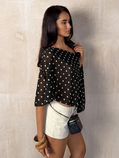 TRNVIE Black Polka Dot Asymmetric Shoulder Mesh Blouse For Women, Spring/Summer Polkadot Top Women Summer Blouse Top Short Sleeve Top Chic Top Summer Tops
