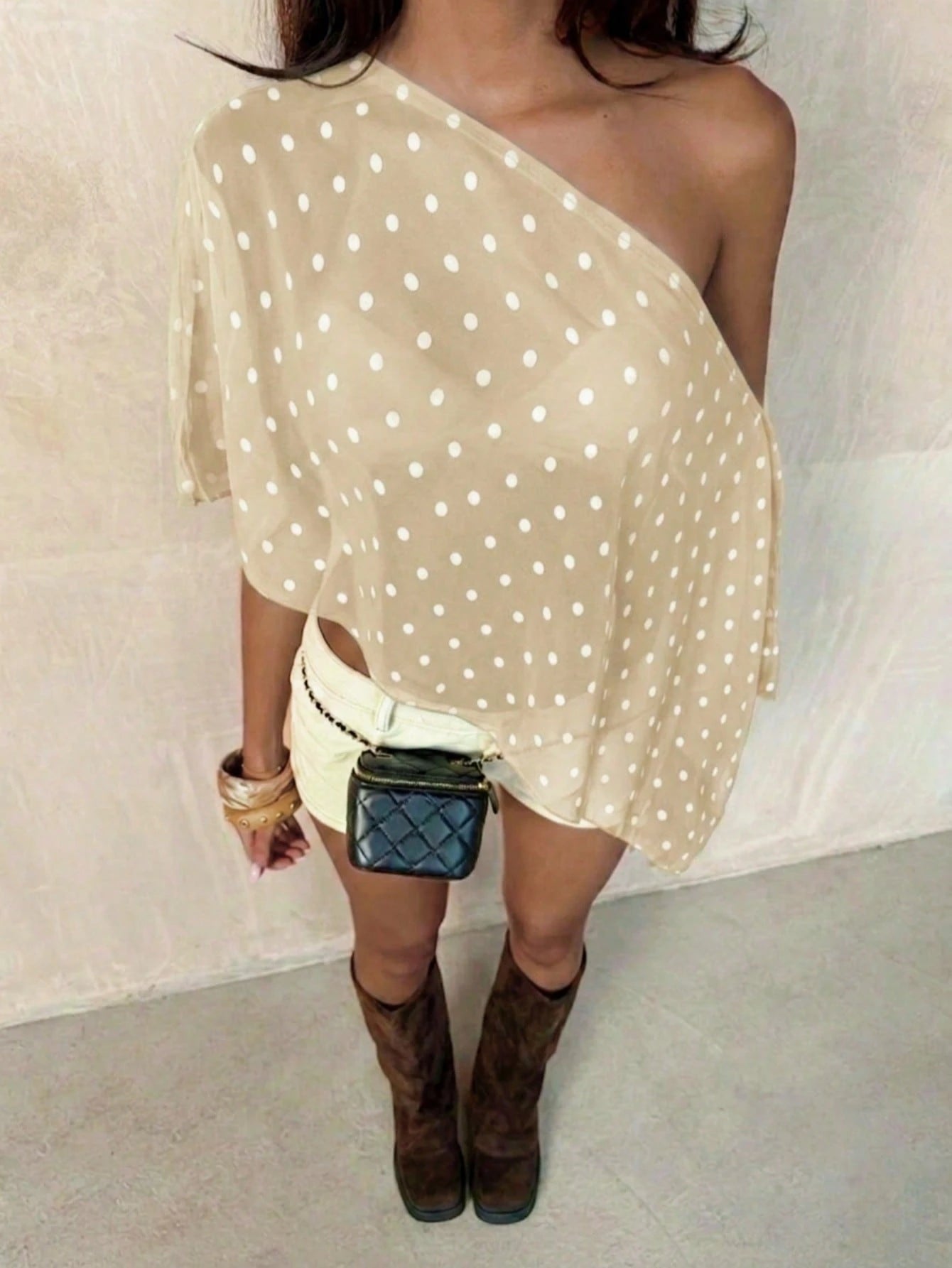TRNVIE Black Polka Dot Asymmetric Shoulder Mesh Blouse For Women, Spring/Summer Polkadot Top Women Summer Blouse Top Short Sleeve Top Chic Top Summer Tops