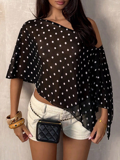 TRNVIE Black Polka Dot Asymmetric Shoulder Mesh Blouse For Women, Spring/Summer Polkadot Top Women Summer Blouse Top Short Sleeve Top Chic Top Summer Tops