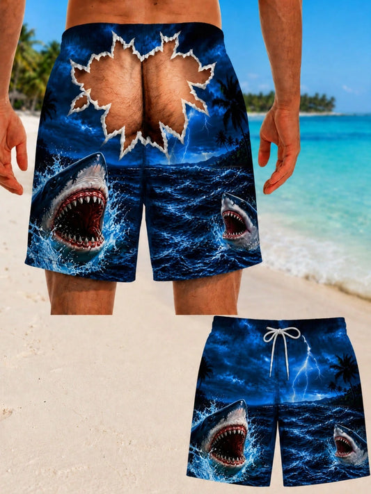 Tropicoqueta Outfits Men's Shark Attack Board Shorts With 3D Shark & Lightning Print, Quick-Dry Swim Trunks Suitable For Surfing, Swimming, Beach, Tor