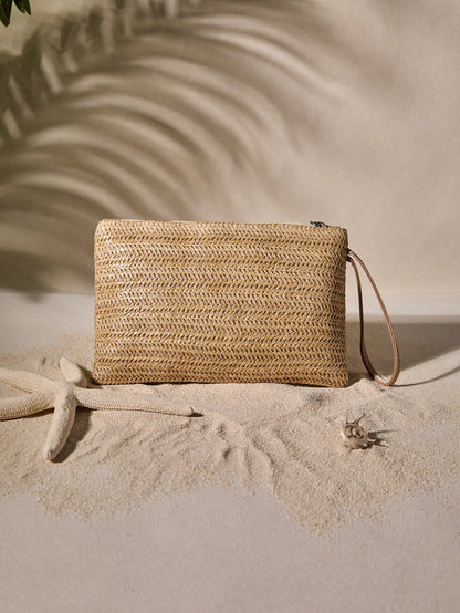Tropiscape 1 Pc Women Straw Clutch Bag Bohemian Summer Beach Straw Purse Zipper Wristlet Wallets