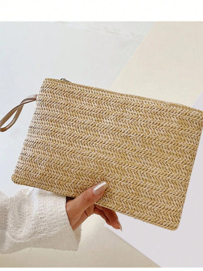Tropiscape 1 Pc Women Straw Clutch Bag Bohemian Summer Beach Straw Purse Zipper Wristlet Wallets