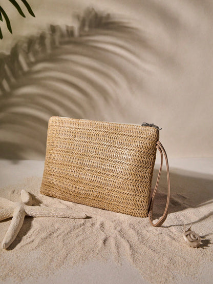 Tropiscape 1 Pc Women Straw Clutch Bag Bohemian Summer Beach Straw Purse Zipper Wristlet Wallets
