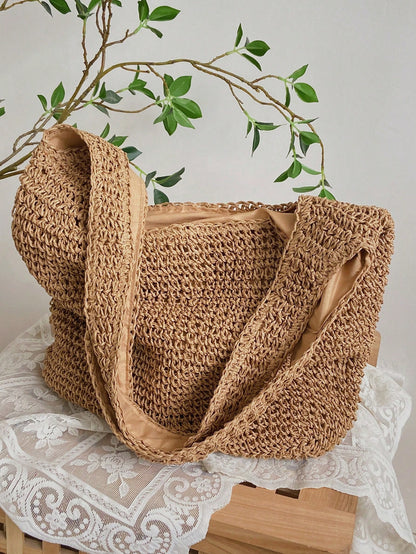 Tropiscape Medium Solid Color Double Handle, Perfect For Summer Travel Vacation, Straw Purse, Straw Beach Bag, Beach Necessities, Beach Essentials, Beach Stuff & Summer Essentials School Bag, Large Ca