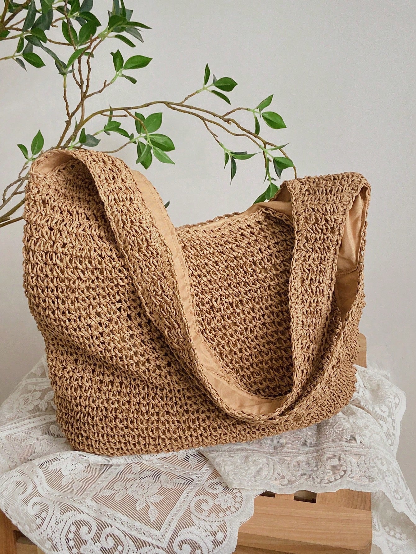 Tropiscape Medium Solid Color Double Handle, Perfect For Summer Travel Vacation, Straw Purse, Straw Beach Bag, Beach Necessities, Beach Essentials, Beach Stuff & Summer Essentials School Bag, Large Ca