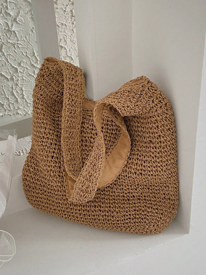 Tropiscape Medium Solid Color Double Handle, Perfect For Summer Travel Vacation, Straw Purse, Straw Beach Bag, Beach Necessities, Beach Essentials, Beach Stuff & Summer Essentials School Bag, Large Ca