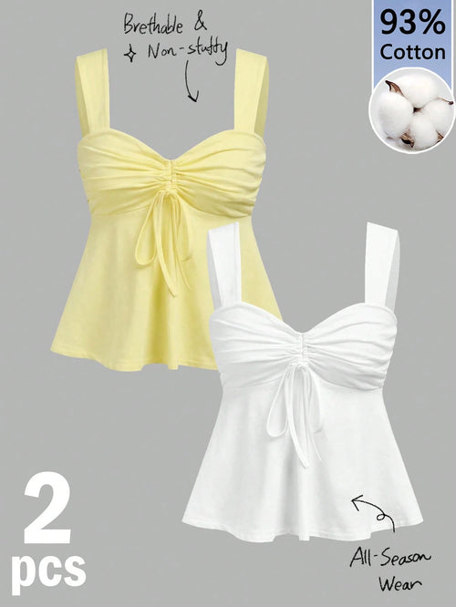 Tseoso 2-Pack 95% Cotton Women's Tank Top In White And Yellow,Summer Casual Drawstring Front Top,Cute Date Coconut Girl,Boho Island Vintage Style