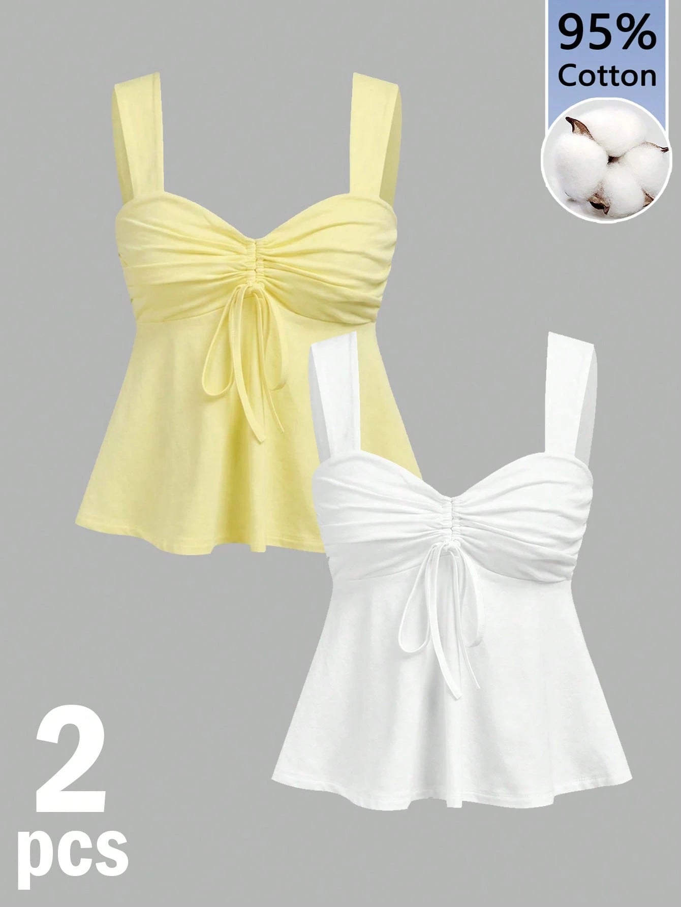 Tseoso 2-Pack 95% Cotton Women's Tank Top In White And Yellow,Summer Casual Drawstring Front Top,Cute Date Coconut Girl,Boho Island Vintage Style