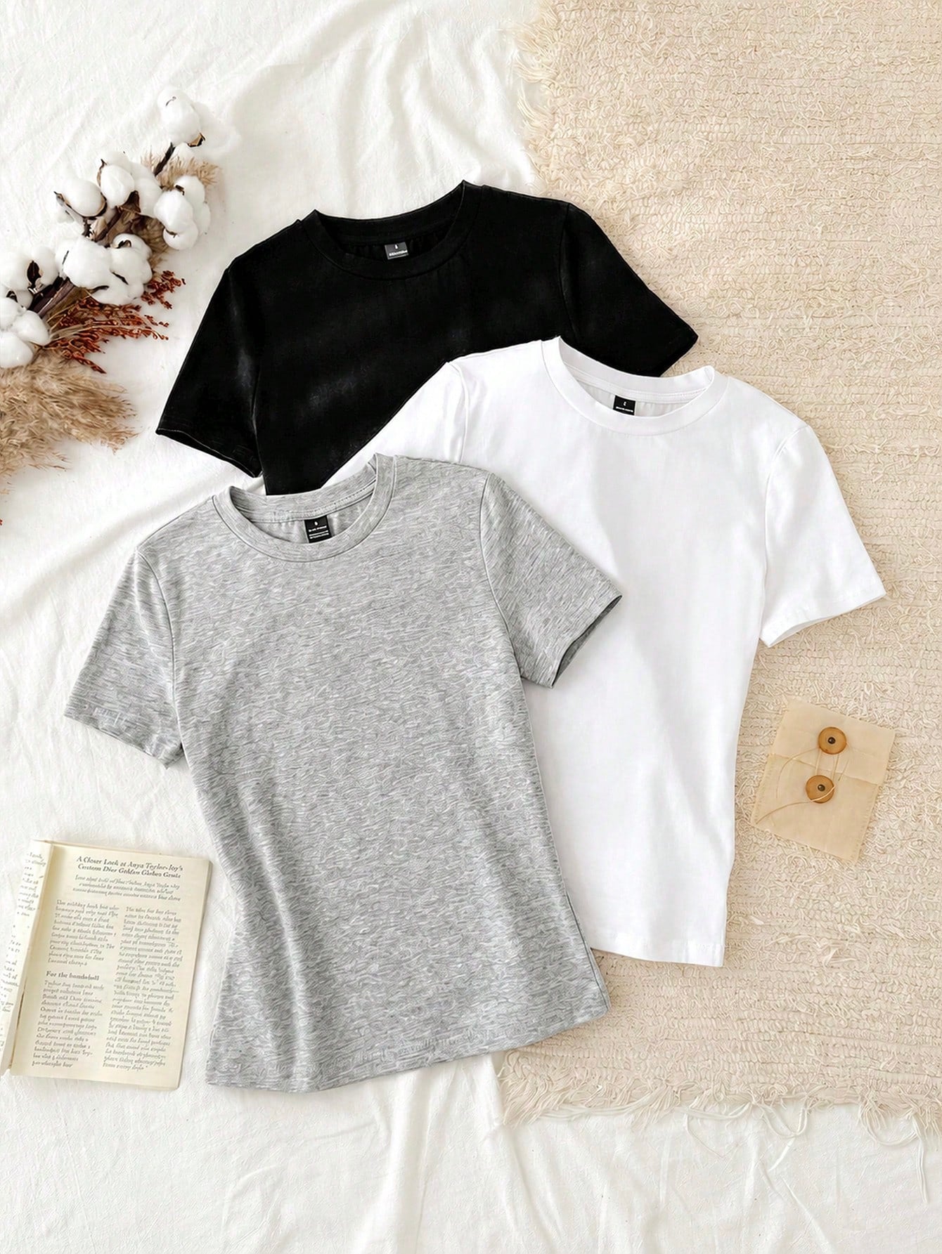 Tseoso 3pcs Casual Minimalist 95% Cotton Women's Round Neck Fitted Long Short Sleeve T-Shirt Set
