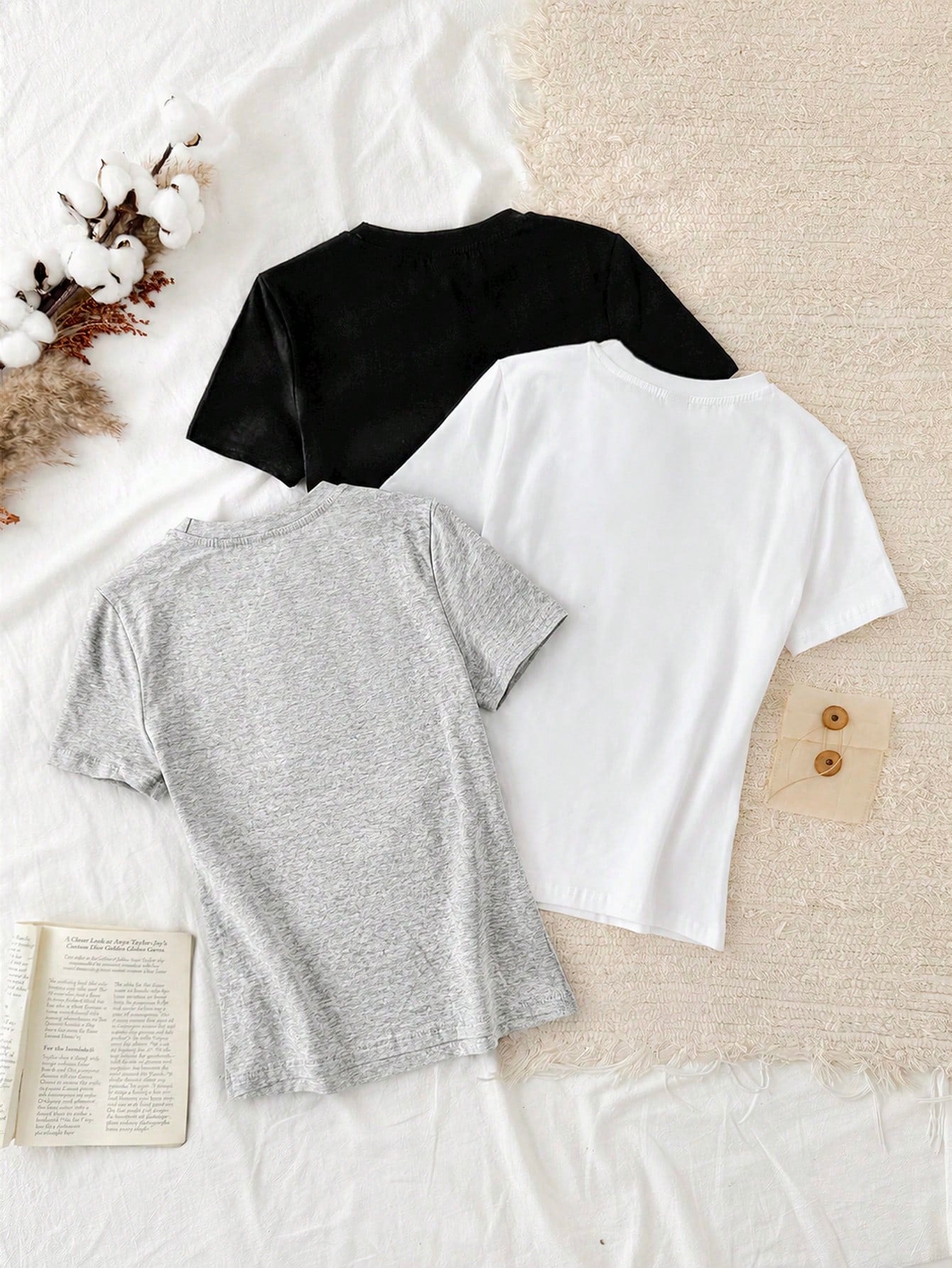Tseoso 3pcs Casual Minimalist 95% Cotton Women's Round Neck Fitted Long Short Sleeve T-Shirt Set