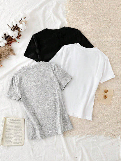 Tseoso 3pcs Casual Minimalist 95% Cotton Women's Round Neck Fitted Long Short Sleeve T-Shirt Set
