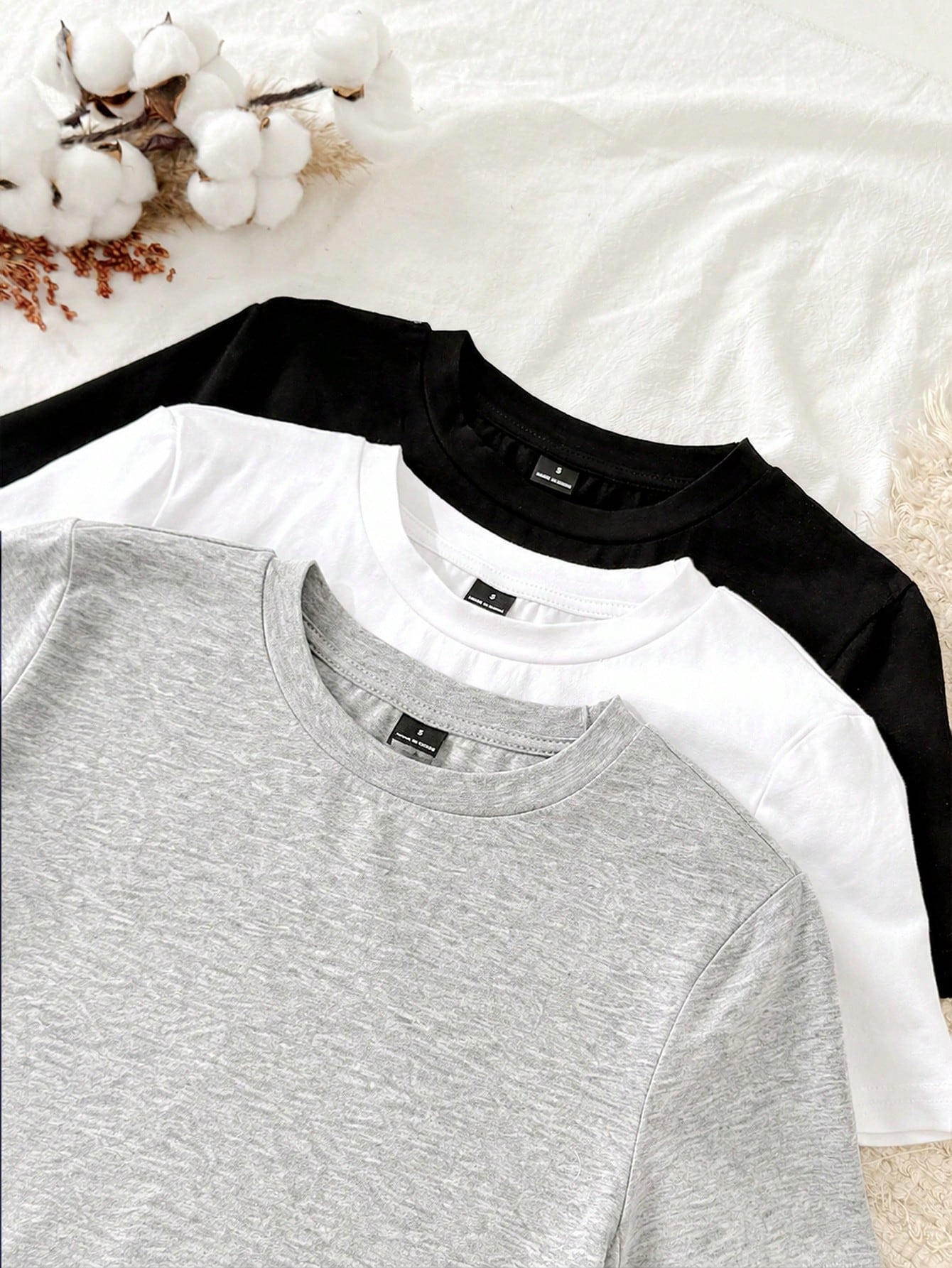 Tseoso 3pcs Casual Minimalist 95% Cotton Women's Round Neck Fitted Long Short Sleeve T-Shirt Set