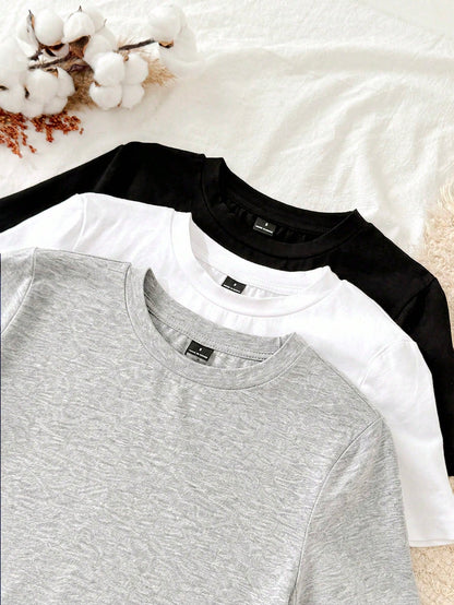 Tseoso 3pcs Casual Minimalist 95% Cotton Women's Round Neck Fitted Long Short Sleeve T-Shirt Set