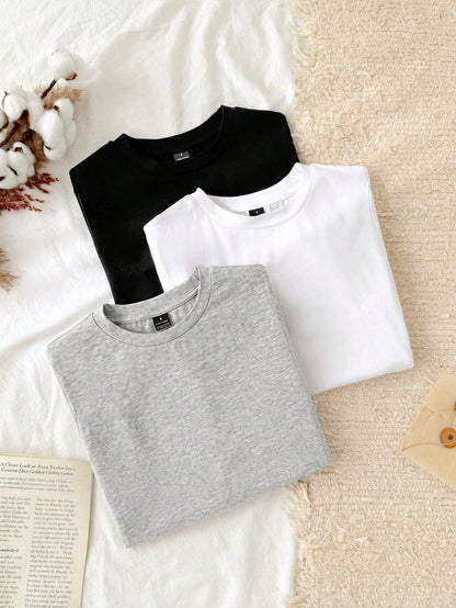 Tseoso 3pcs Casual Minimalist 95% Cotton Women's Round Neck Fitted Long Short Sleeve T-Shirt Set