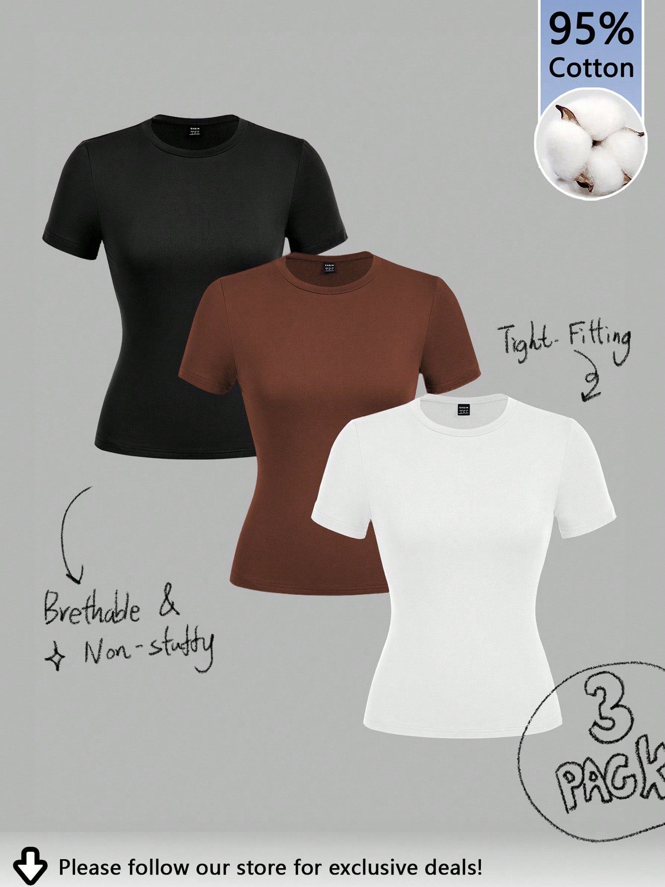Tseoso 3pcs Casual Minimalist 95% Cotton Women's Round Neck Fitted Long Short Sleeve T-Shirt Set
