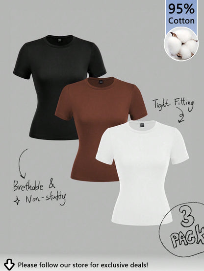 Tseoso 3pcs Casual Minimalist 95% Cotton Women's Round Neck Fitted Long Short Sleeve T-Shirt Set