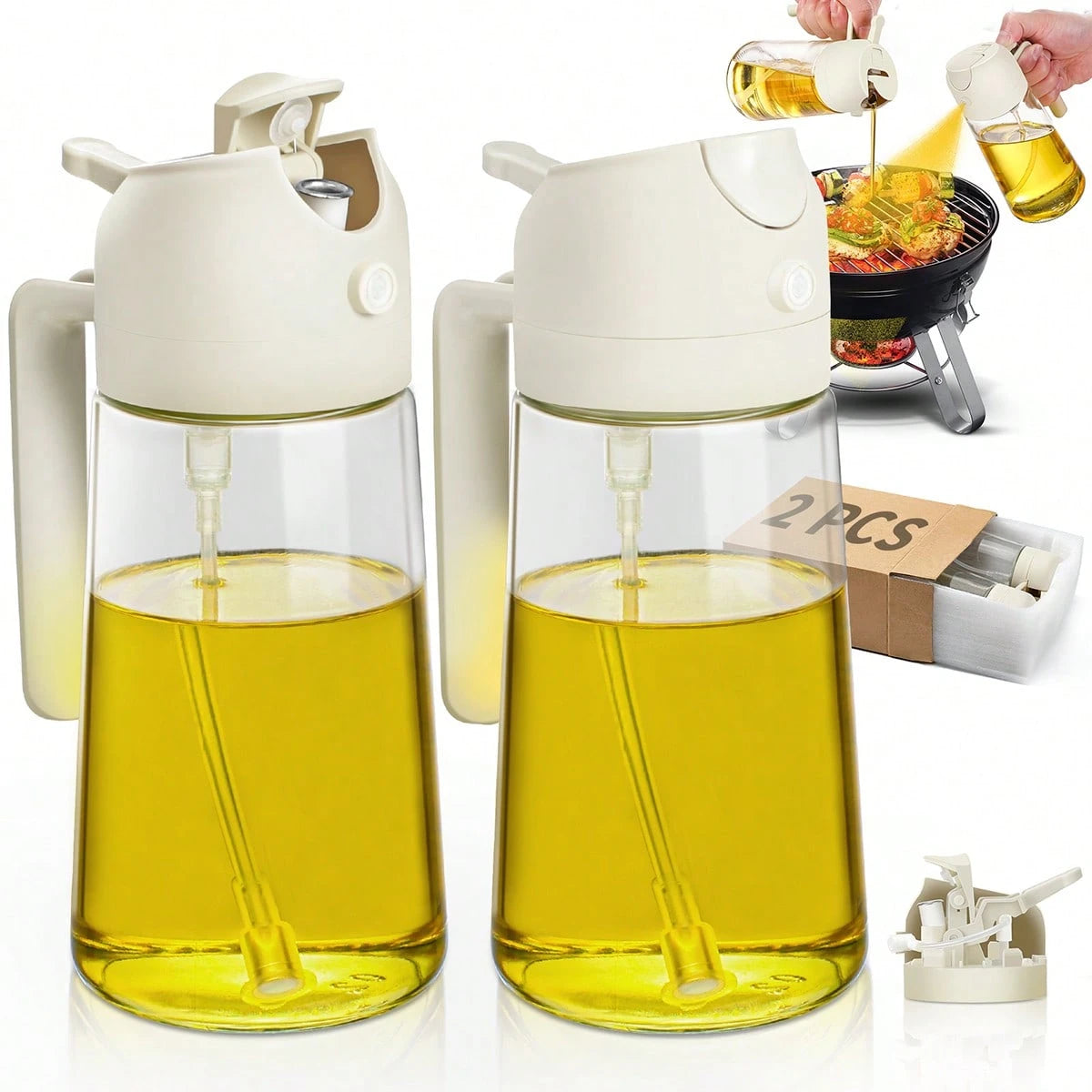 TUMATICLY 2PCS Glass Olive Oil Bottles, 2-In-1 Dropper & Oil Sprayer Kitchen Gadgets, Dark Green Glass For Anti-Oxidation, 16oz/480ml Seasoning Storage Bottles, Oil Sprayer & Dispenser, Perfect Housew