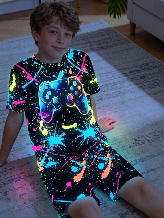 Tween Boy Casual Minimalist Snug Fit Comfortable Short Sleeve Shorts Loungewear, Suitable For Spring And Summer