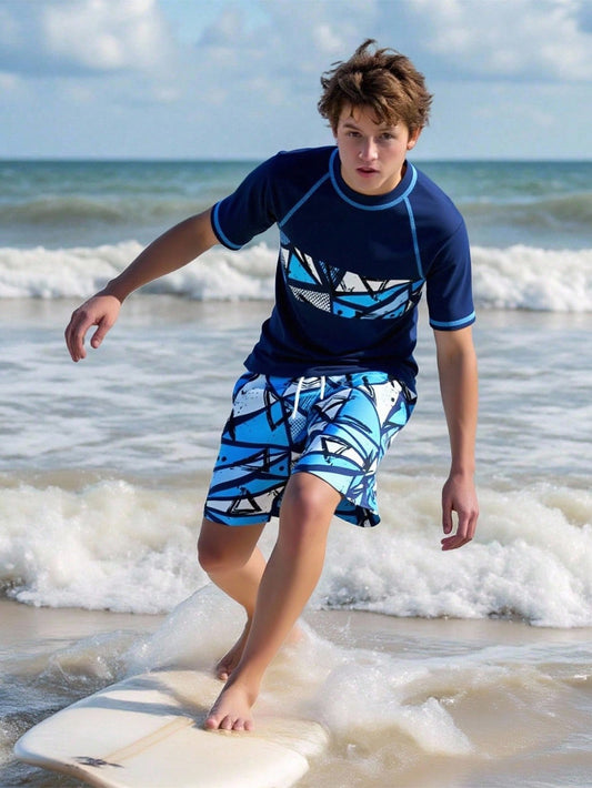 Tween Boys Swimwear Set,Navy Blue Short Sleeve Rash Guard Top And Beach Shorts,Casual Sports Swimsuit For Summer,Vacation,Holiday Junior Surf Clothes