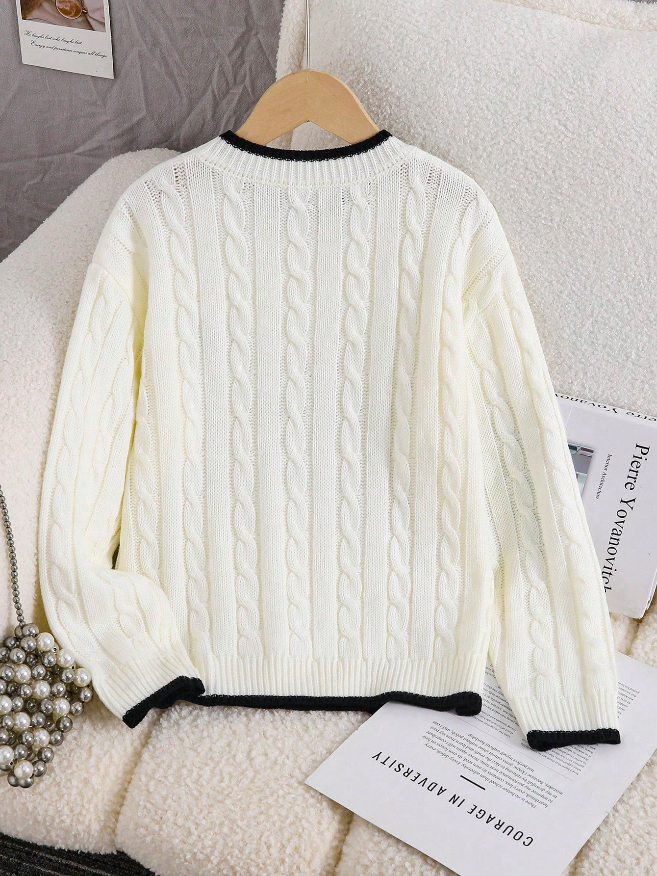 Tween Girls Striped Colorblock Cable Knit V-Neck Lantern Sleeve Oversized Pullover Sweater, Suitable For Autumn/Winter And Outdoor Wear