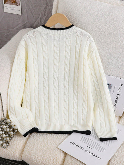 Tween Girls Striped Colorblock Cable Knit V-Neck Lantern Sleeve Oversized Pullover Sweater, Suitable For Autumn/Winter And Outdoor Wear