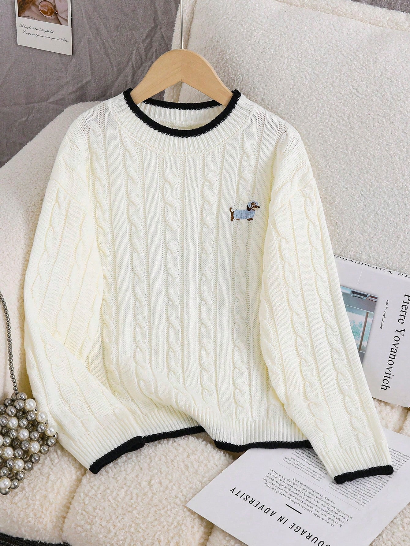 Tween Girls Striped Colorblock Cable Knit V-Neck Lantern Sleeve Oversized Pullover Sweater, Suitable For Autumn/Winter And Outdoor Wear