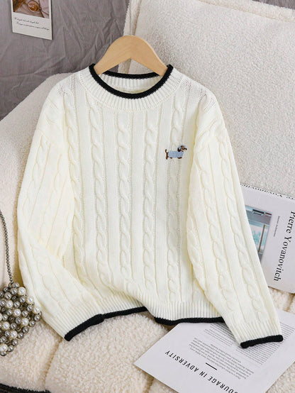 Tween Girls Striped Colorblock Cable Knit V-Neck Lantern Sleeve Oversized Pullover Sweater, Suitable For Autumn/Winter And Outdoor Wear