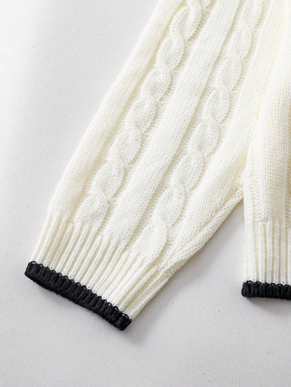 Tween Girls Striped Colorblock Cable Knit V-Neck Lantern Sleeve Oversized Pullover Sweater, Suitable For Autumn/Winter And Outdoor Wear
