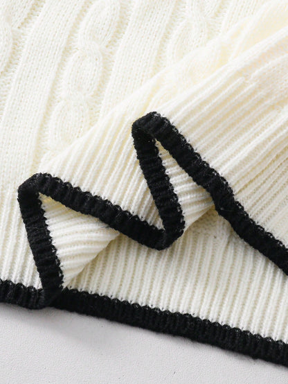 Tween Girls Striped Colorblock Cable Knit V-Neck Lantern Sleeve Oversized Pullover Sweater, Suitable For Autumn/Winter And Outdoor Wear