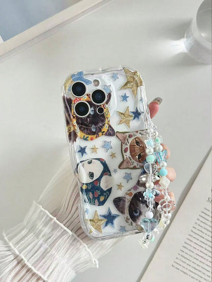 Twisted Wave Edge Minimalist Premium TPU Star Cat Painted Anti-Drop Phone Case Protective Cover With Handmade Beaded Bracelet Accessory Compatible With IPhone 16/11/16pro/16plus/16promax/16e/15Promax