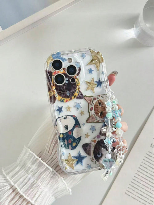 Twisted Wave Edge Minimalist Premium TPU Star Cat Painted Anti-Drop Phone Case Protective Cover With Handmade Beaded Bracelet Accessory Compatible With IPhone 16/11/16pro/16plus/16promax/16e/15Promax