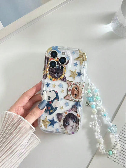 Twisted Wave Edge Minimalist Premium TPU Star Cat Painted Anti-Drop Phone Case Protective Cover With Handmade Beaded Bracelet Accessory Compatible With IPhone 16/11/16pro/16plus/16promax/16e/15Promax
