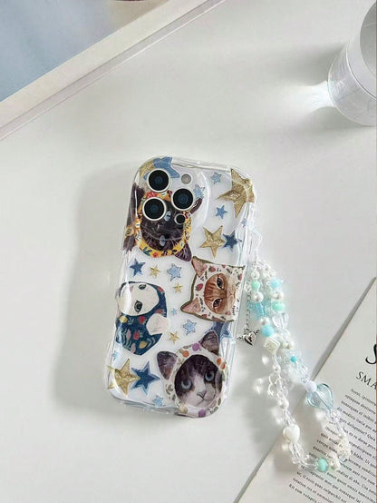Twisted Wave Edge Minimalist Premium TPU Star Cat Painted Anti-Drop Phone Case Protective Cover With Handmade Beaded Bracelet Accessory Compatible With IPhone 16/11/16pro/16plus/16promax/16e/15Promax